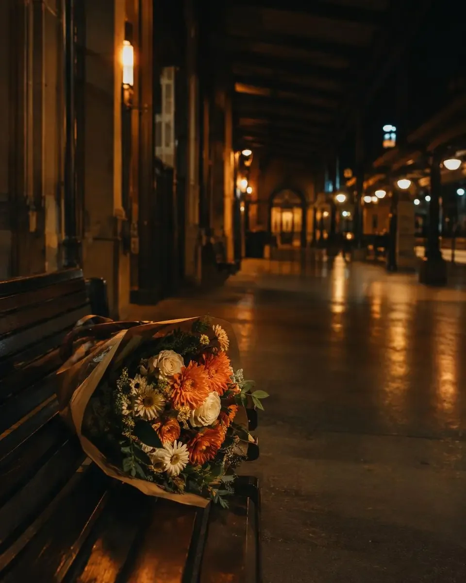 瓜老师笔记官网路人偶遇封面:夜晚长椅上的一束橙白花束